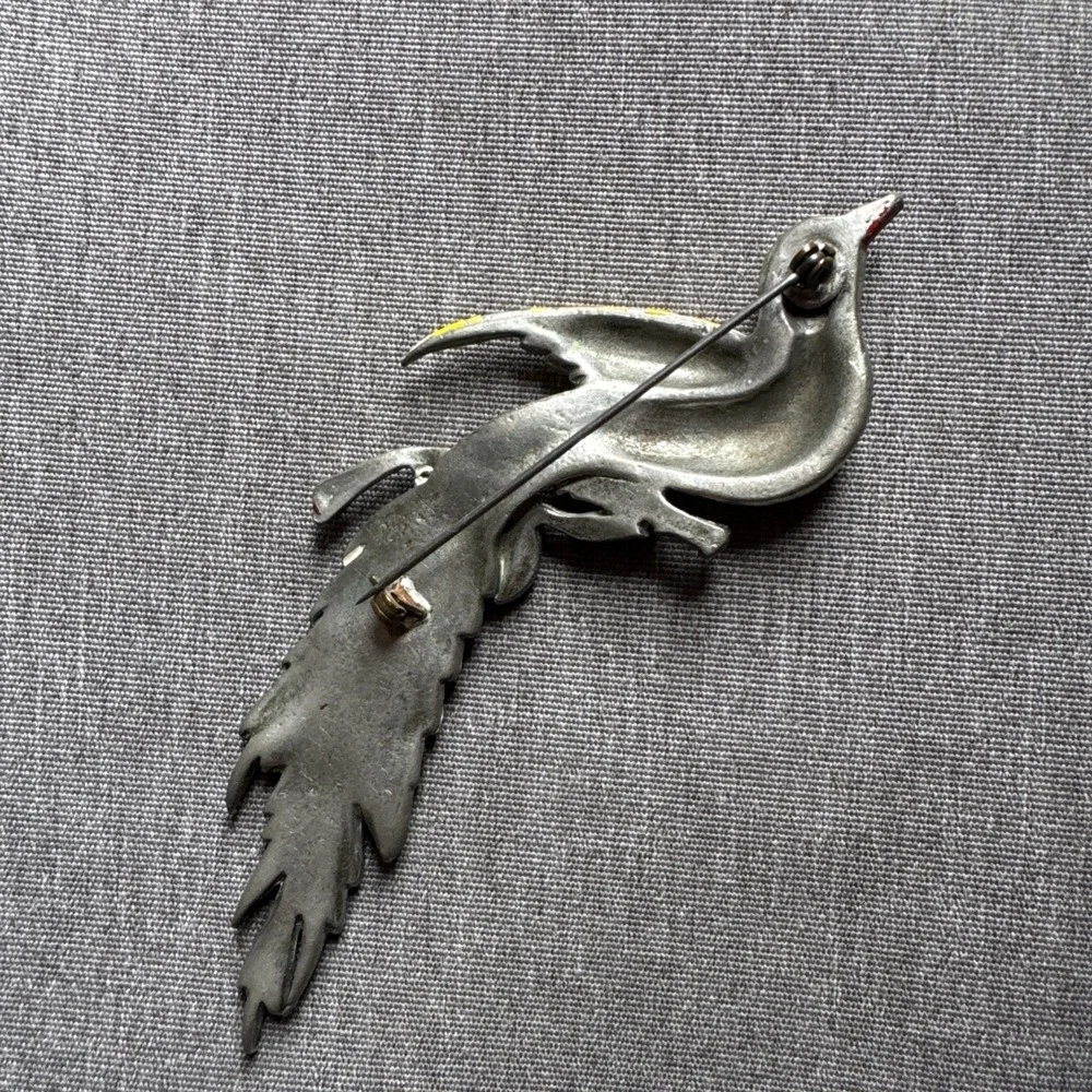 VTG Large Bird Perched Colorful Enamel‎ Pot Metal Rhinestone 1930-1940 Brooch